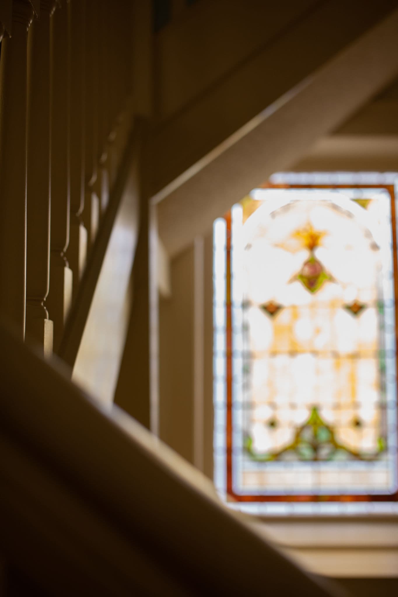 An image of one of the historic stained glass windows at Heritage Church.